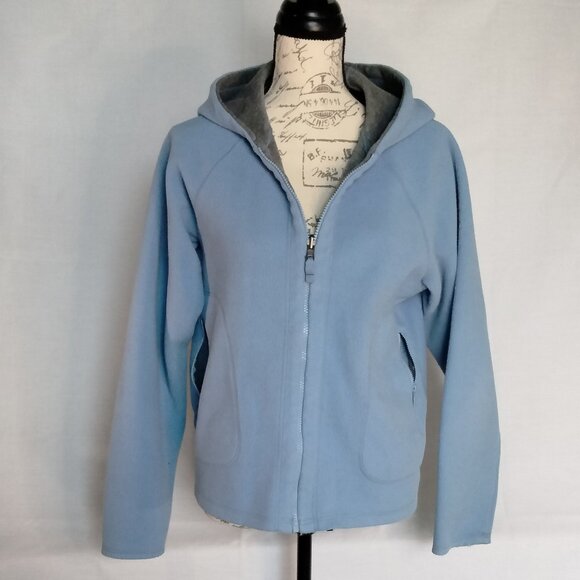 Eddie Bauer Blue Fleece Gray Jersey Reversible Zip Hooded Jacket Ladies LARGE - Picture 10 of 14